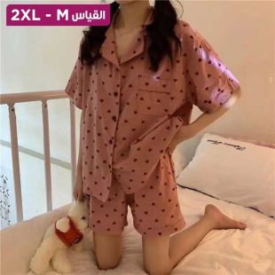 طقم بيجامة شورت بتصميم Pink-Heart للسيدات