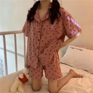 Women's Short Pajama Set with Pink-Heart Design