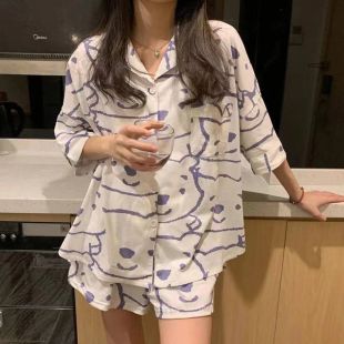 Women's Short Pajama Set with Blue-Bear Design