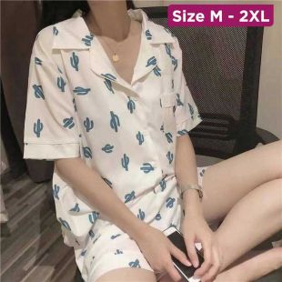 Women's Short Pajama Set with White Cactus Design