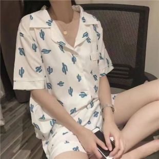 Women's Short Pajama Set with White Cactus Design