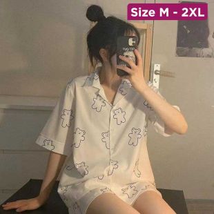 Women's Short Pajama Set with Bear Design