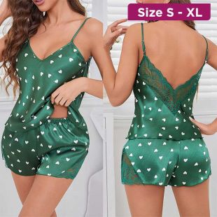 Lace Sleepwear Set with Green Heart Design for Women