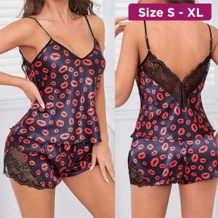 Lace Sleepwear Set with Lips Design for Women