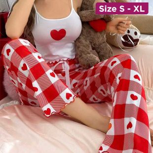 Women's Pajama Pants and Vest Set with Grid Heart Design