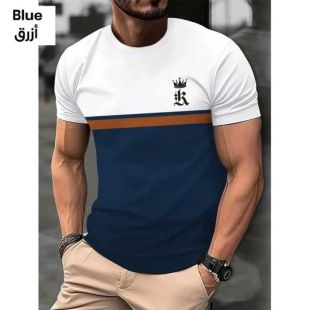 تيشيرت بأكمام قصيرة بنقش ثلاثي الأبعاد للرجال أزرق، مقاس كبير