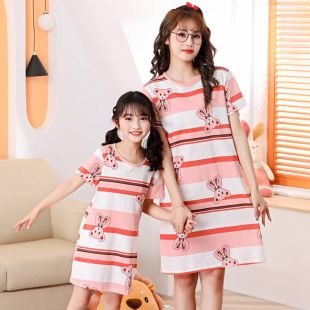 Cotton Sleep Dress with Striped Bear Design for Girls