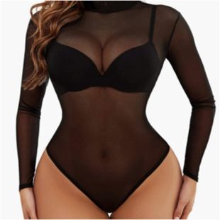 Stylish Lace See-Through Long Sleeve Bodysuit for Women