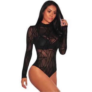 Elegant Lace See-Through Long Sleeve Bodysuit for Women