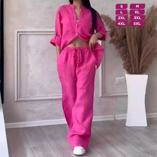 Linen 2 Piece Set Long Sleeve Shirt Wide Leg Pants