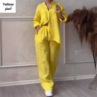 طقم كتان قطعتين قميص بأكمام طويلة وبنطلون واسع