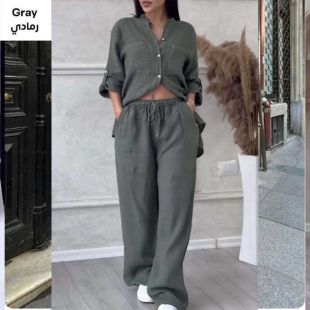 طقم كتان بأكمام طويلة وبنطلون واسع الساق للسيدات – كبير – رمادي