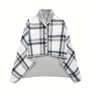 Buttoned Plaid Fleece Wrap for Women