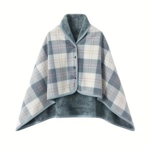 Classy Buttoned Plaid Fleece Wrap for Women