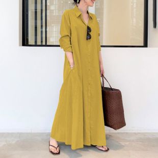 Collared Long-Sleeve Long Dress for Women