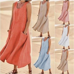 Cotton Linen Sleeveless Crew Neck Dress for Women