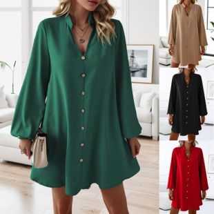 Long-Sleeve V-Neck Loose Dress for Women
