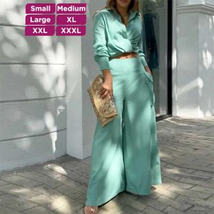 Women’s Casual 2Pcs Suit Long Sleeve Shirt and Wide-Leg Pants