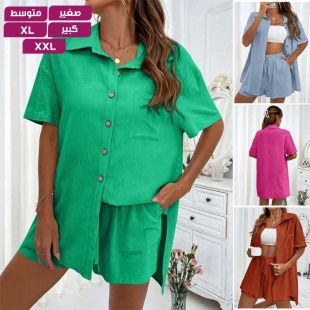 بدلة نسائية كاجوال 2 قطعة قميص بأكمام قصيرة وشورت
