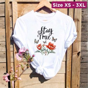 Women`s Summer Oversized Round Neck Short Sleeve Basic Top - Stay True Flower