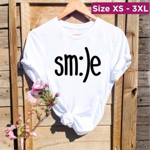 Women`s Summer Oversized Round Neck Short Sleeve Basic Top - Smile