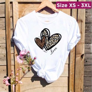Women`s Summer Oversized Round Neck Short Sleeve Basic Top - 2 Hearts