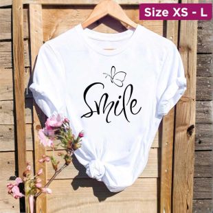 Women`s Summer Oversized Round Neck Short Sleeve Basic Top - Butterfly Smile