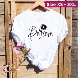 Women`s Summer Oversized Round Neck Short Sleeve Basic Top - Believe