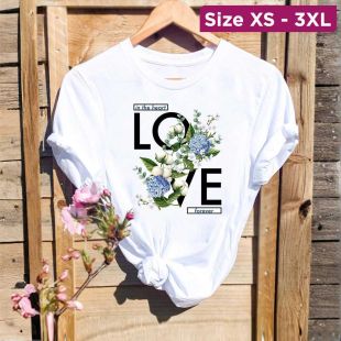 Women`s Summer Oversized Round Neck Short Sleeve Basic Top - Love Flower
