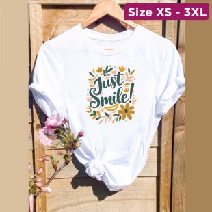 Women`s Summer Oversized Round Neck Short Sleeve Basic Top - Just Smile