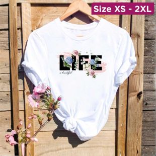 Women`s Summer Oversized Round Neck Short Sleeve Basic Top - Life Flower