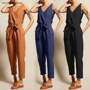 Elegant Belted V-Neck One-Piece Suit for Women