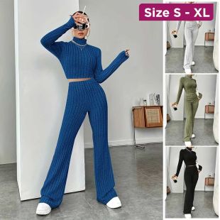 Women's Knitted Long-Sleeved Pants and T-shirt Set
