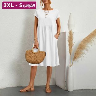 فستان قصير بلا أكمام بقصة واسعة وجيوب من القطن والكتان بلون سادة