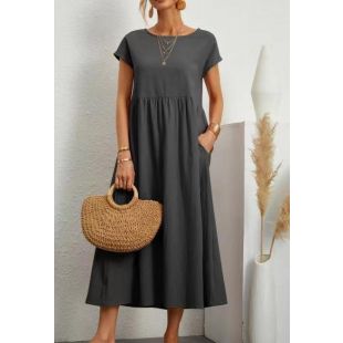 فستان طويل بلا أكمام بقصة واسعة وجيوب من القطن والكتان بلون سادة