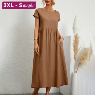 فستان طويل بلا أكمام بقصة واسعة وجيوب من القطن والكتان بلون سادة