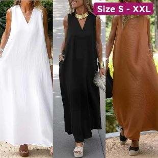 Plain V-Neck Sleeveless Linen Dress For Women