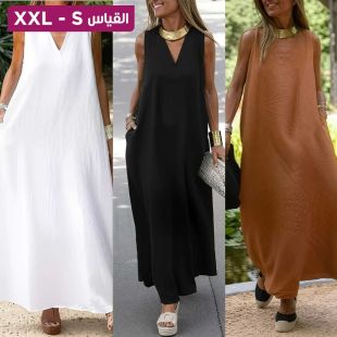 فستان كتان سادة بدون أكمام وياقة على شكل حرف V للسيدات