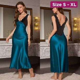 Long Sleeveless Satin Nightgown Decorated With Lace