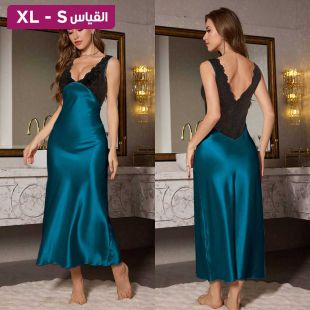 ثوب نوم ساتان طويل بدون اكمام مزينة بالدانتيل