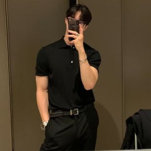 تيشيرت بولو رجالي صيفي أنيق بقصة ضيقة وفتحة رقبة على شكل حرف V