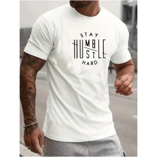 تيشيرت كاجوال بطباعة Stay Hustle Hard للرجال قياس صغير