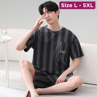 Korean Design Black Short Sleeve Ice Silk Pajama Set For Men
