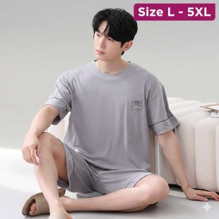 Korean Design Space Grey Short Sleeve Ice Silk Pajama Set For Men