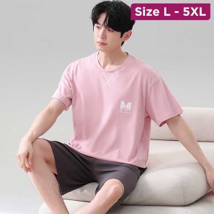 Korean Design Pink Short Sleeve Ice Silk Pajama Set For Men