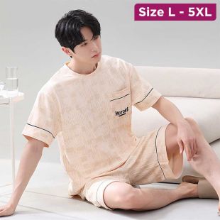 Korean Design Apricot Short Sleeve Ice Silk Pajama Set For Men