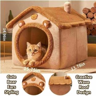 Closed House for Cats and Dogs with Brown Bear Design