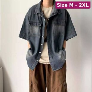 قميص جينز Vintage بأكمام قصيرة للرجال