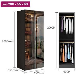 منظم ملابس OBSIDIAN من خشب مضغوط مع 2 باب زجاجي 60×55×200 سم