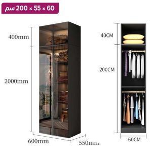 منظم ملابس OBSIDIAN من خشب مضغوط مع 2 باب زجاجي ورف علوي 60×55×200 سم